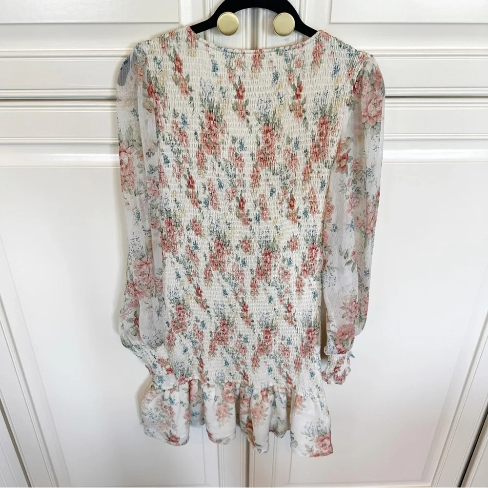 STORIA Womens Pastel Floral Smocked Chiffon Ruffle Teim Dress Long Sleeve Medium - Picture 6 of 11